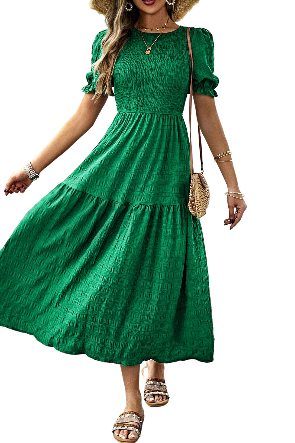 Sail Blue Solid Textured Smocked High Waist Midi Dress ef97237185ead9f8