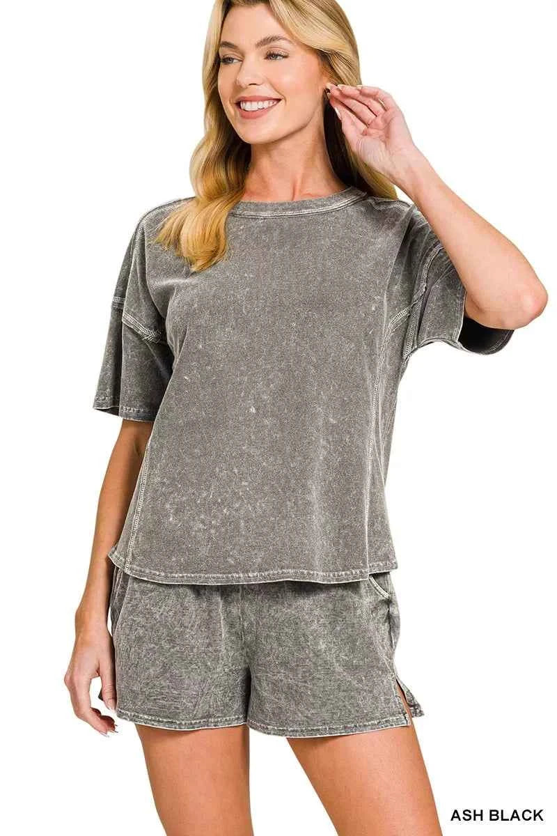 Zenana Halo Snow Washed Short Sleeve Tee and Shorts Set ASH BLACK ef9a90554d194643ac376c69e447026e-Max-Origin