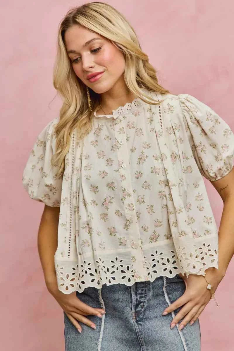 SO ME Floral Print Lace Trim Short Sleeves Blouse ef9c7965192c46c0a440fef6343bb9c9-Max-Origin