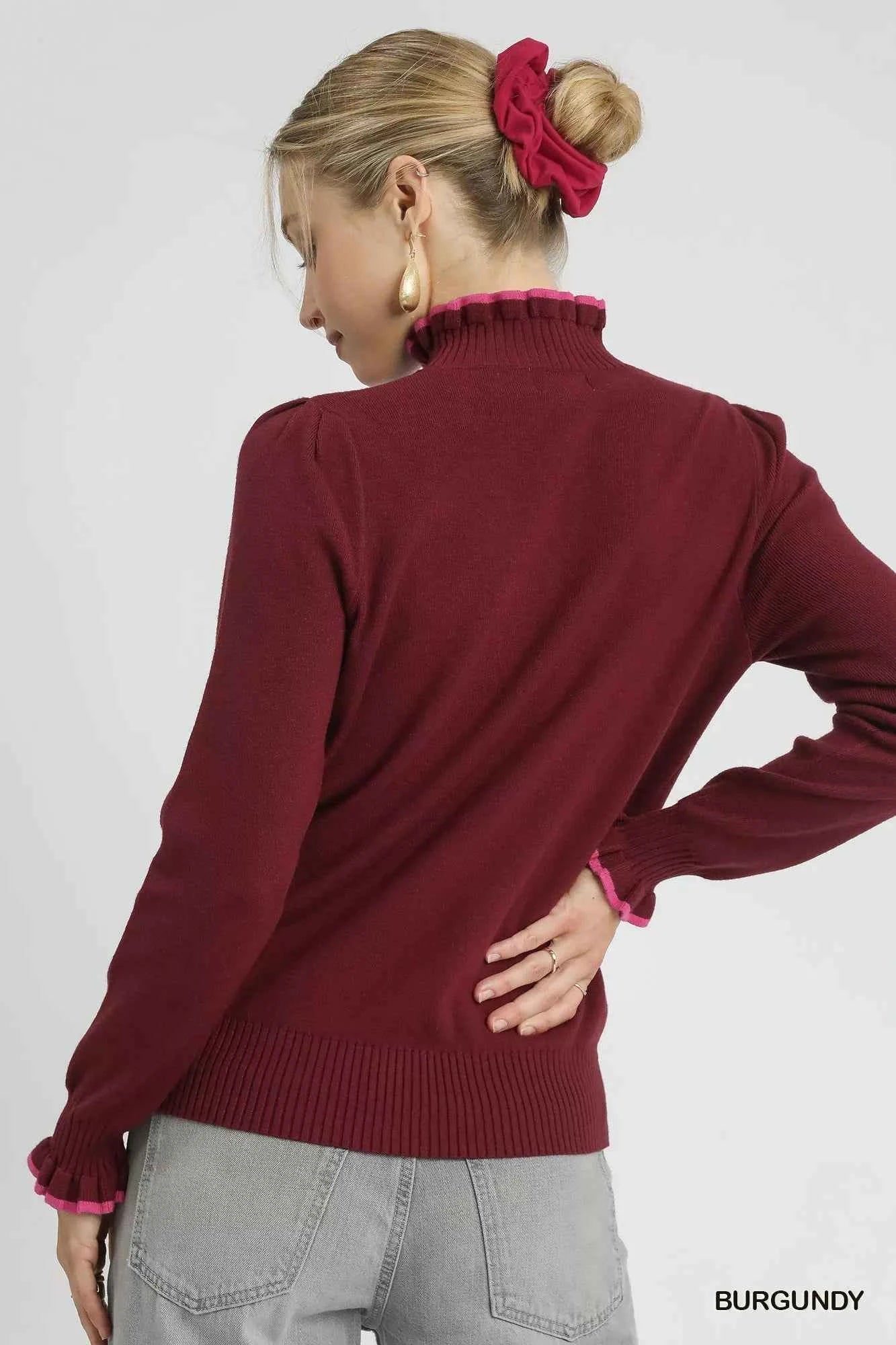 Umgee Ribbed Round Neck Sweater with Ruffle Contrast Trim ef9f27b7-744a-4d62-8104-bf03a0eb8869-Max-Origin