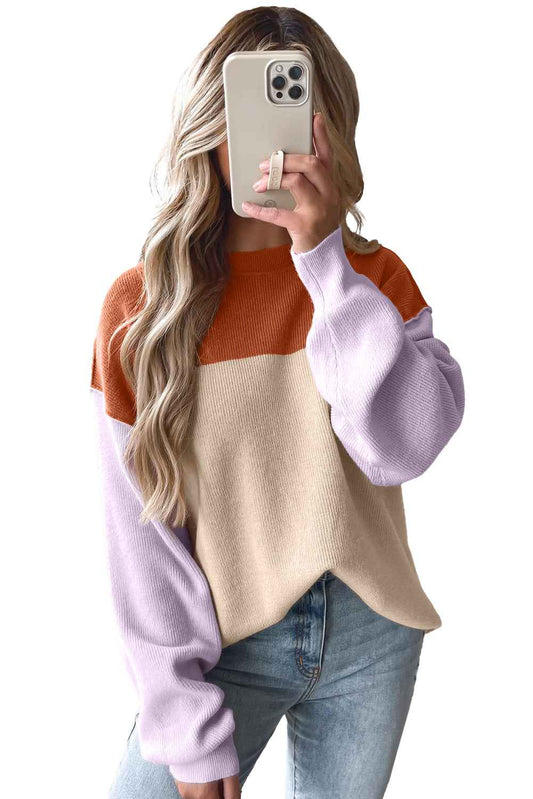 Khaki Colorblock Ribbed Knit Baggy Sweater efa53150f8b77092