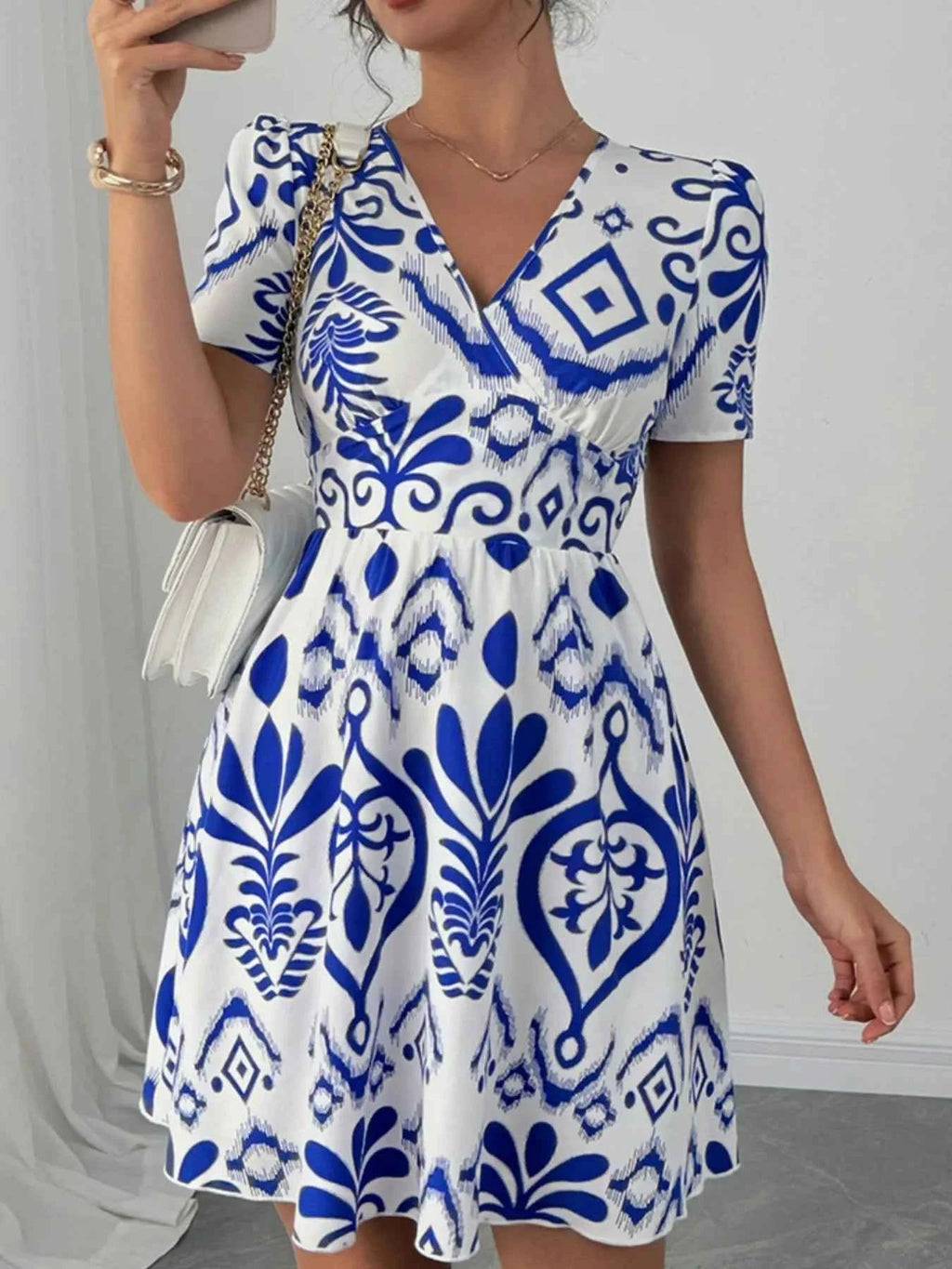 Printed Surplice Short Sleeve Dress Blue efa78113-2c7b-4ce5-a4a0-91305dbb9e9e-Max-Origin