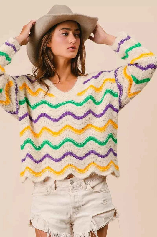 Mardi Gras Wavy Stripes V-Neck Sweater efa8d1f4ef86467fa9846cbd76a83990-Max-Origin