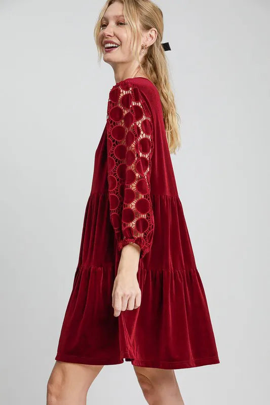 Dotted Lace Sleeve Tiered Velvet Mini Dress efab5fb9-7d6b-407a-8ea5-915f43556259-Max