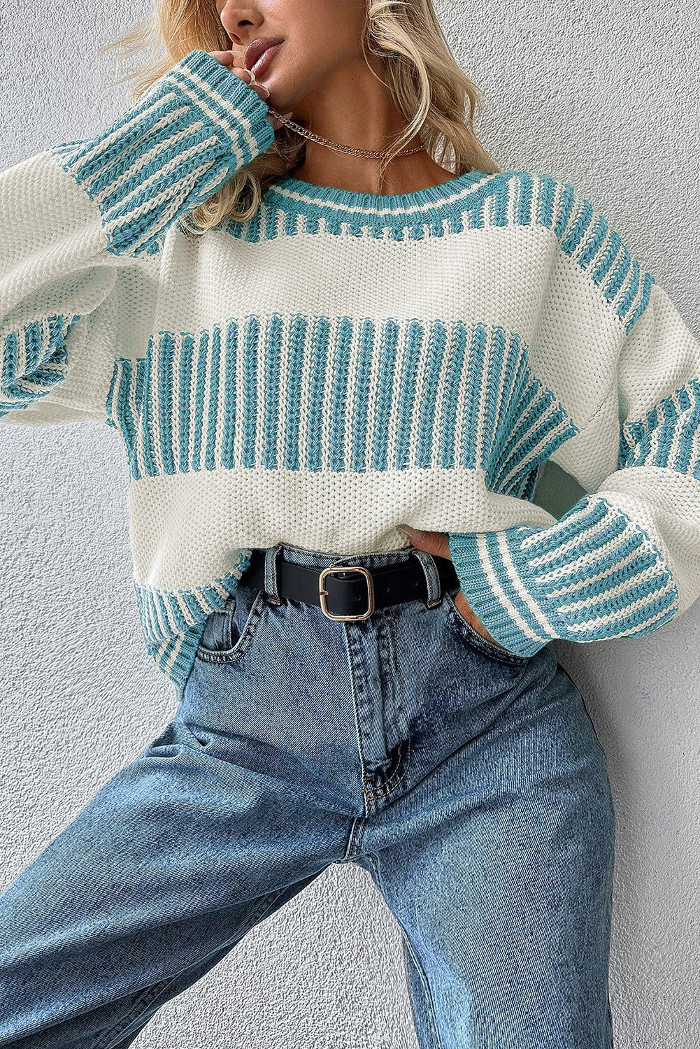 Light Blue Two Tone Striped Patchwork Drop Shoulder Sweater efabdf36ca17b959