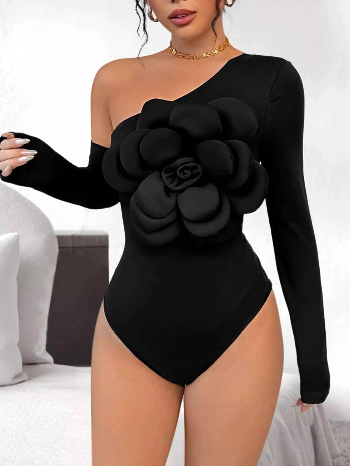 Flower Long Sleeve Single Shoulder Bodysuit efb0dd1a-c1c2-4493-8007-9d376a808bc1-Max-Origin