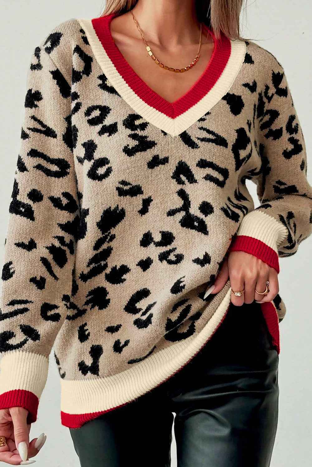 Khaki Leopard Pattern V-Neck Contrast Rib Knitted Sweater efc0777337552fdf