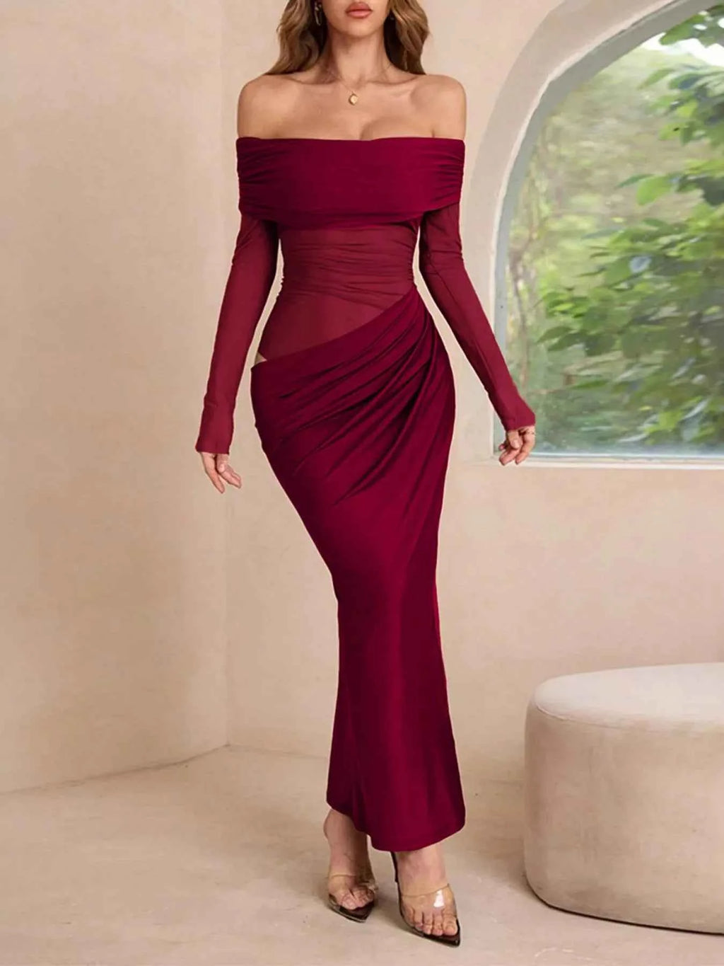 Off-Shoulder Long Sleeve Ruched Bodycon Maxi Dress Burgundy efc1073f-837a-4a48-9986-79ee1c766f22-Max-Origin