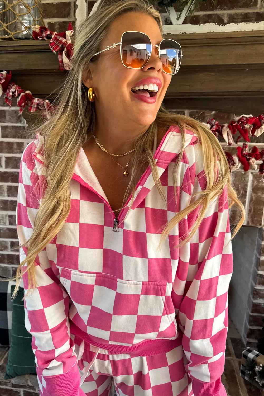 Red Checkered Print Half Zip Hoodie Loose Pant Set efc1fe8b8153bf25