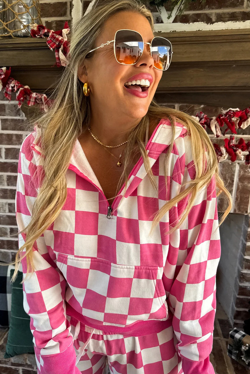 Red Checkered Print Half Zip Hoodie Loose Pant Set efc1fe8b8153bf25