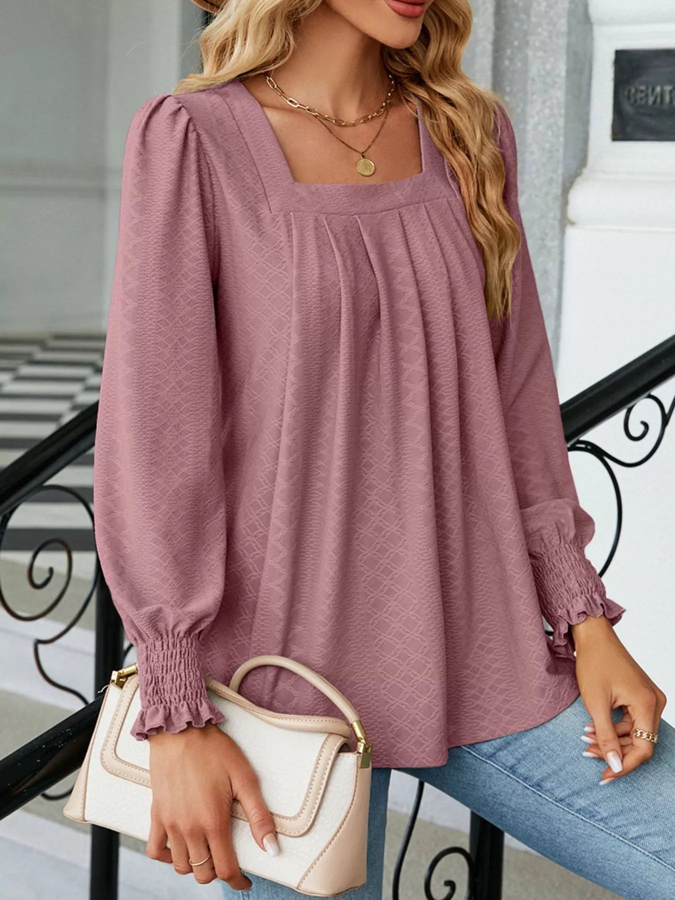 Pleated Square Neck Long Sleeve Top efc329b7-47b3-480b-8f33-9abce039e75a-Max-Origin
