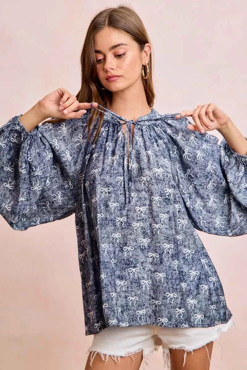 BiBi Ribbon Bow Print Exaggerated Balloon Sleeves Top efc39baa23e640afa6326402b1139793-Max-Origin