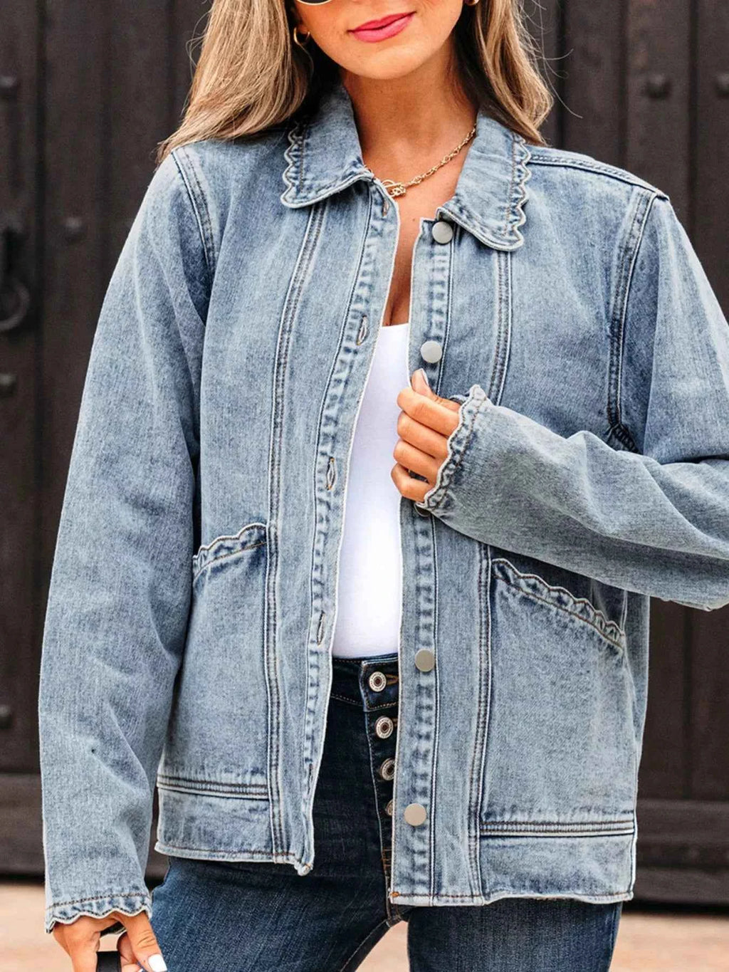Scallop Trim Collar Patched Pocket Button Up Denim Jacket Light Blue efc5d0a6-6143-4607-987c-2ed6eaafa666-Max-Origin