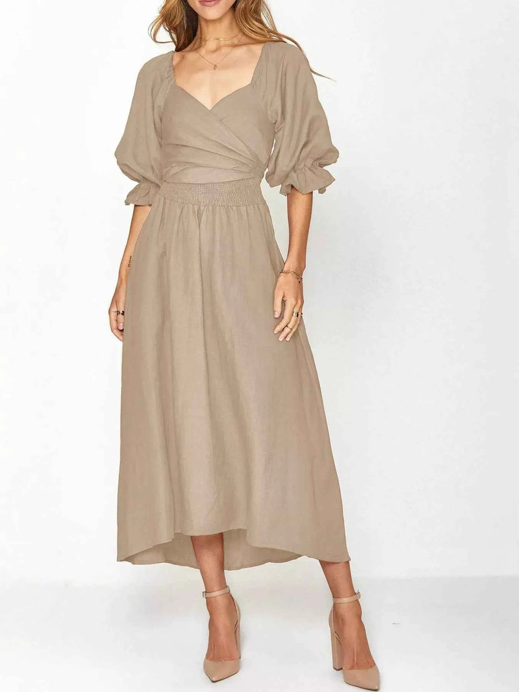 Smocked Puff Sleeves Midi Dress Khaki efc701c8-d98a-42bb-9aab-0a90f9e42014-Max-Origin