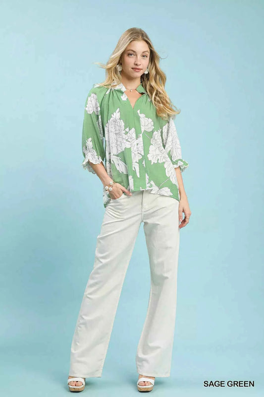 Peony Illustration Print Flounce Sleeve Blouse efd1e846-511b-4671-83b2-8ed714b56e0b-Max-Origin