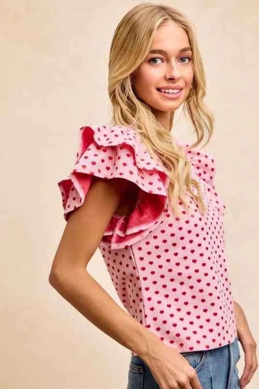 BiBi Heart Patterned Knit Ruffled Sleeves Top efd2ac05-2c85-4079-a391-2ebbf50edc18-Max-Origin