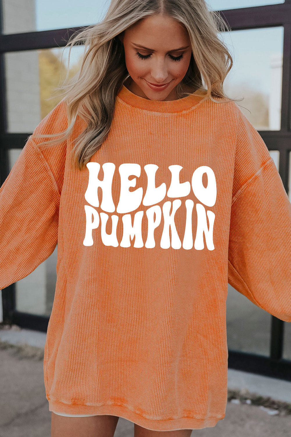 Orange HELLO PUMPKIN Letter Graphic Corded Sweatshirt efd73f6005831f4f