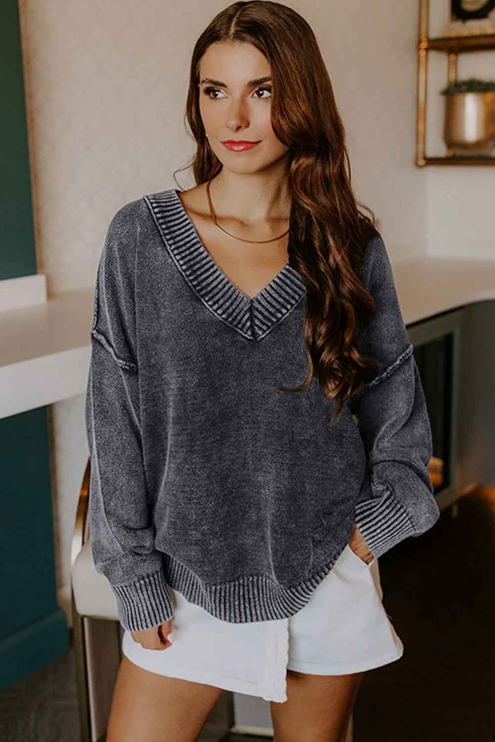 Black Mineral Wash V Neck Knit Exposed Seam Drop Shoulder Loose Sweater efddbc9552b5b85e