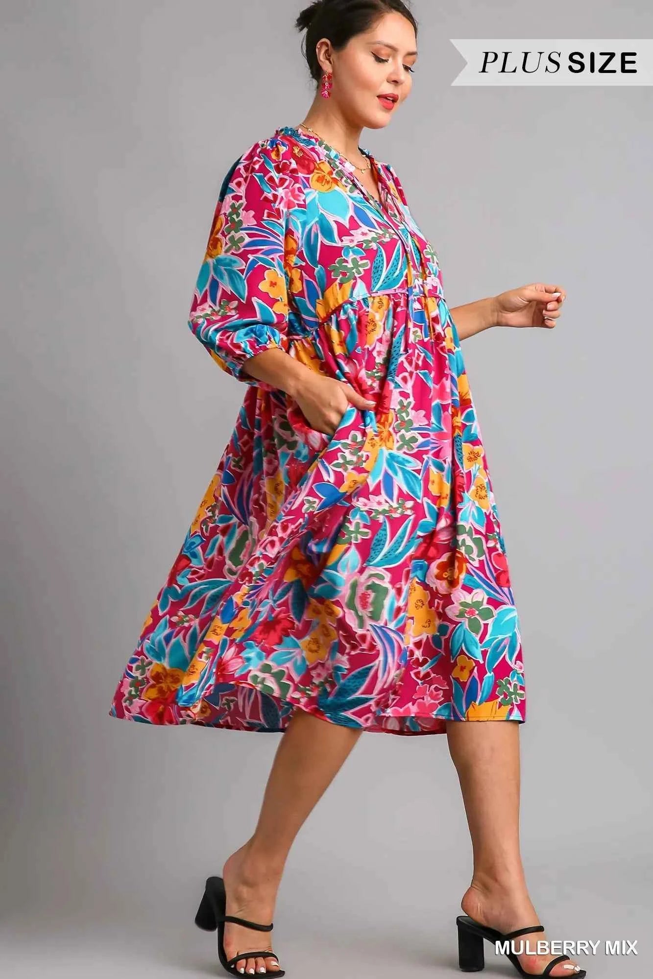 Umgee Full Size Floral Print Tie Neck Midi Dress with Pockets Plus Size efe5a9e2-69b3-4ed4-9bb5-dcdce450e82f-Max-Origin