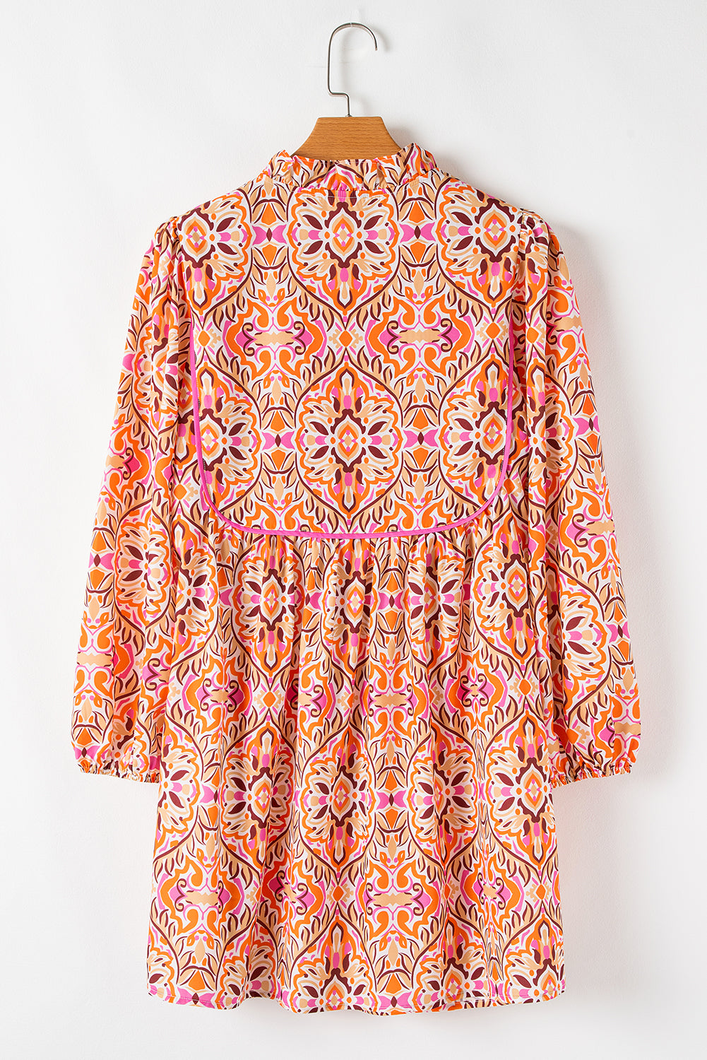 Khaki Abstract Print Long Sleeve Tied Neckline Mini Dress efeb43583dc0b328