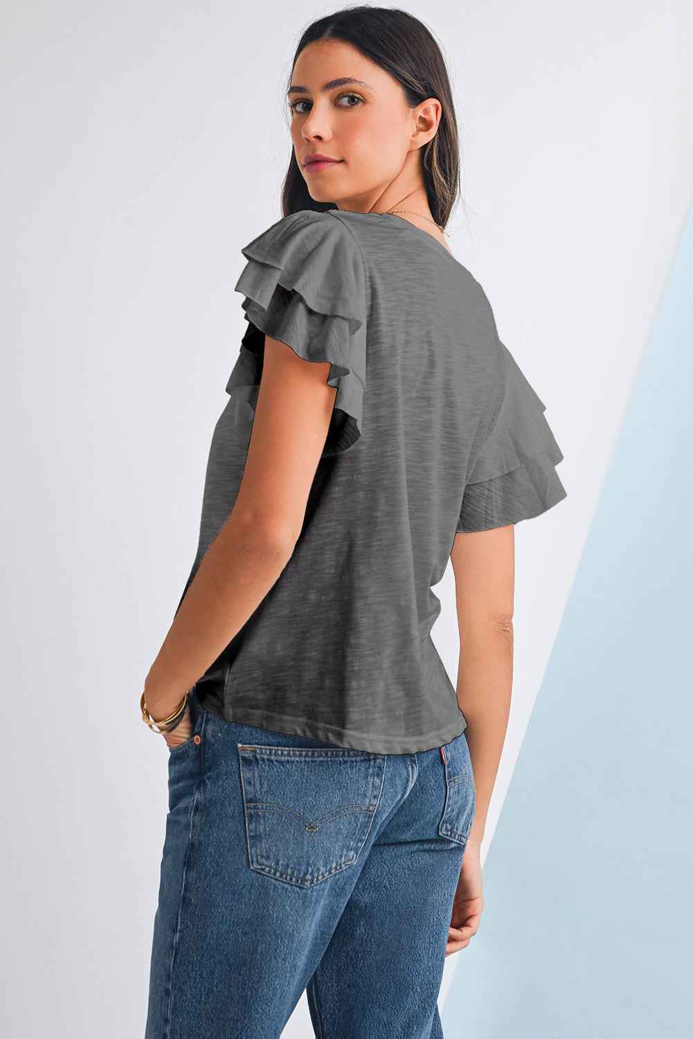 Dark Grey Ruffle Sleeve Plain Blouse eff31f5ce9858e3a