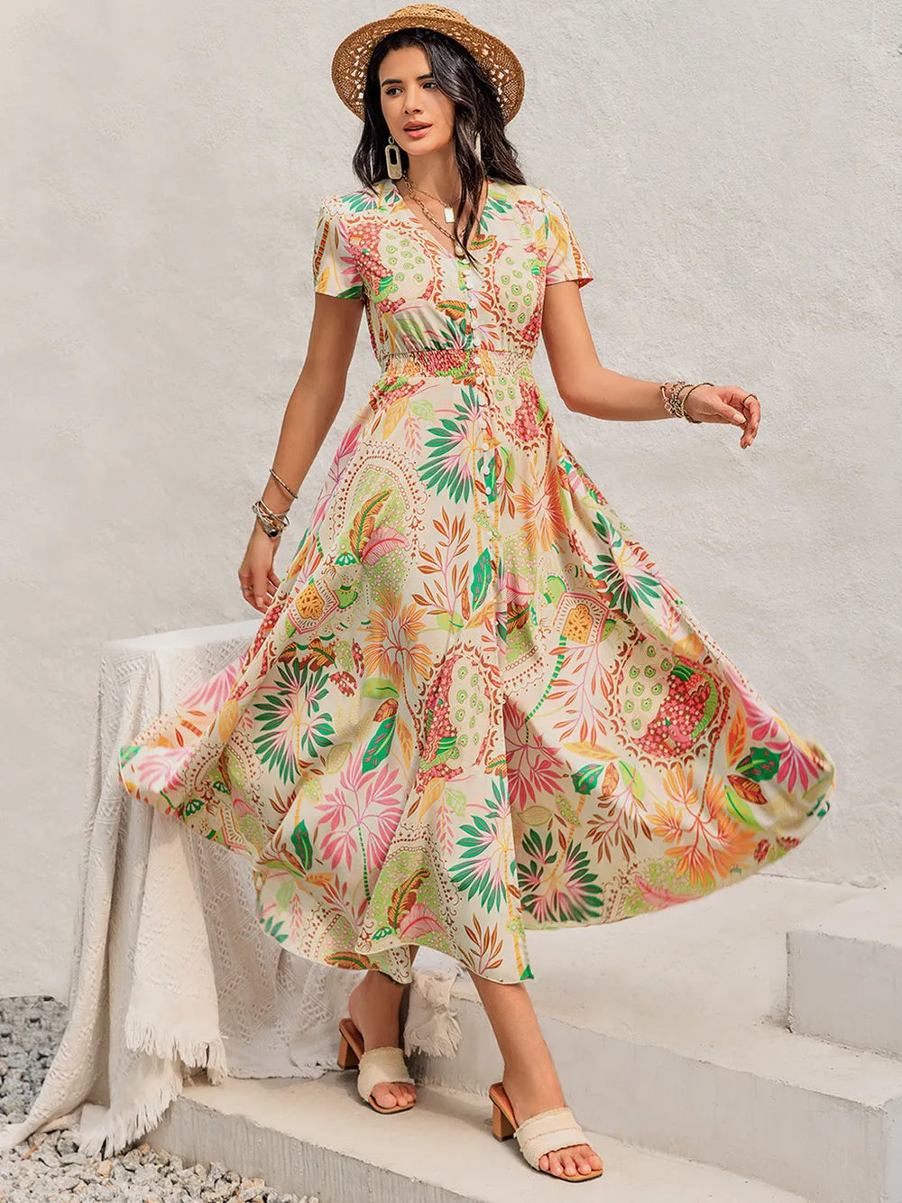 Printed V-Neck Short Sleeve Midi Dress Pastel Yellow eff46980-d12a-41dd-8066-76745f6a3a16-Max