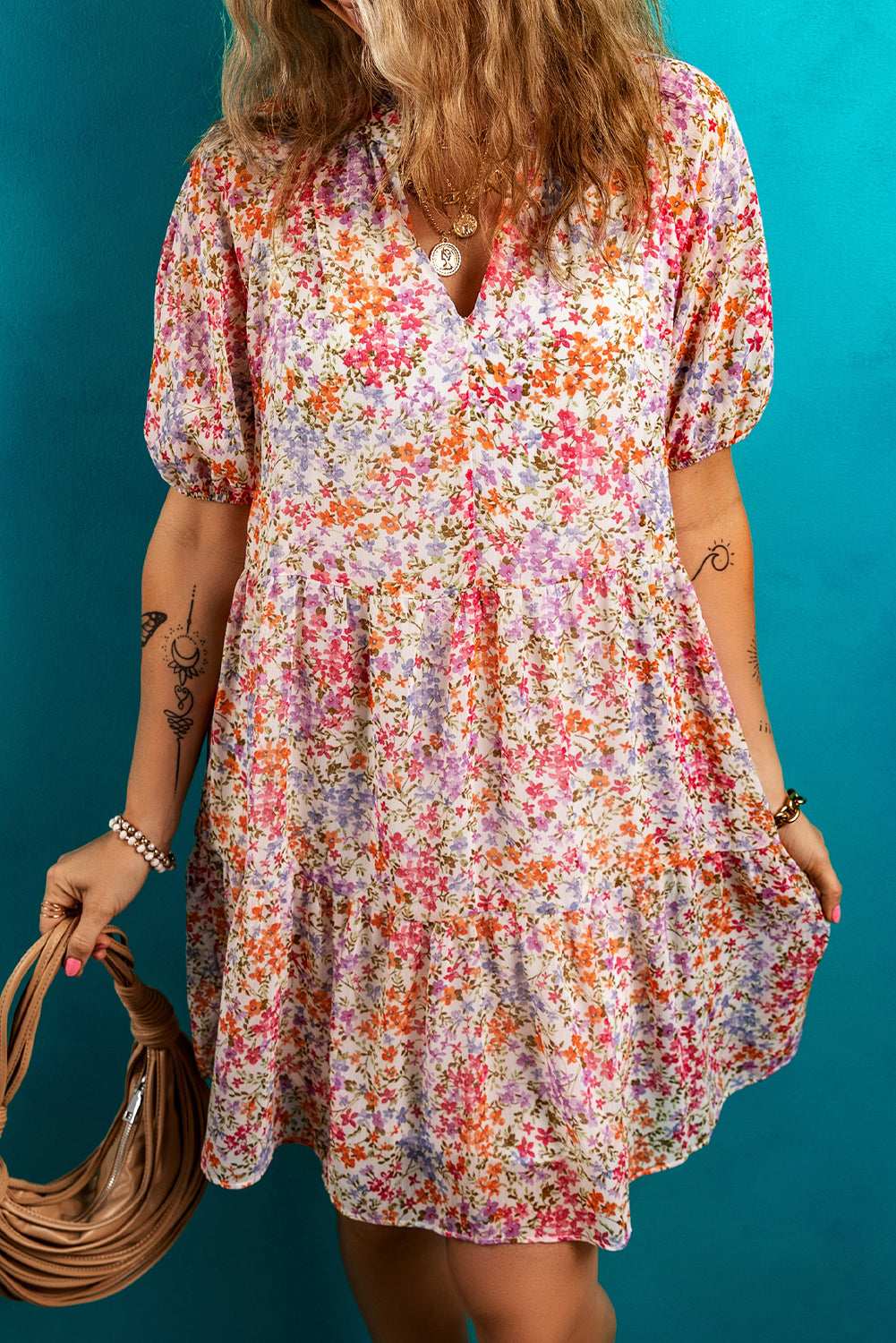 Red Floral Print Notched V Neck Puff Sleeve Tiered Mini Dress eff602d4472e5cc5-_3