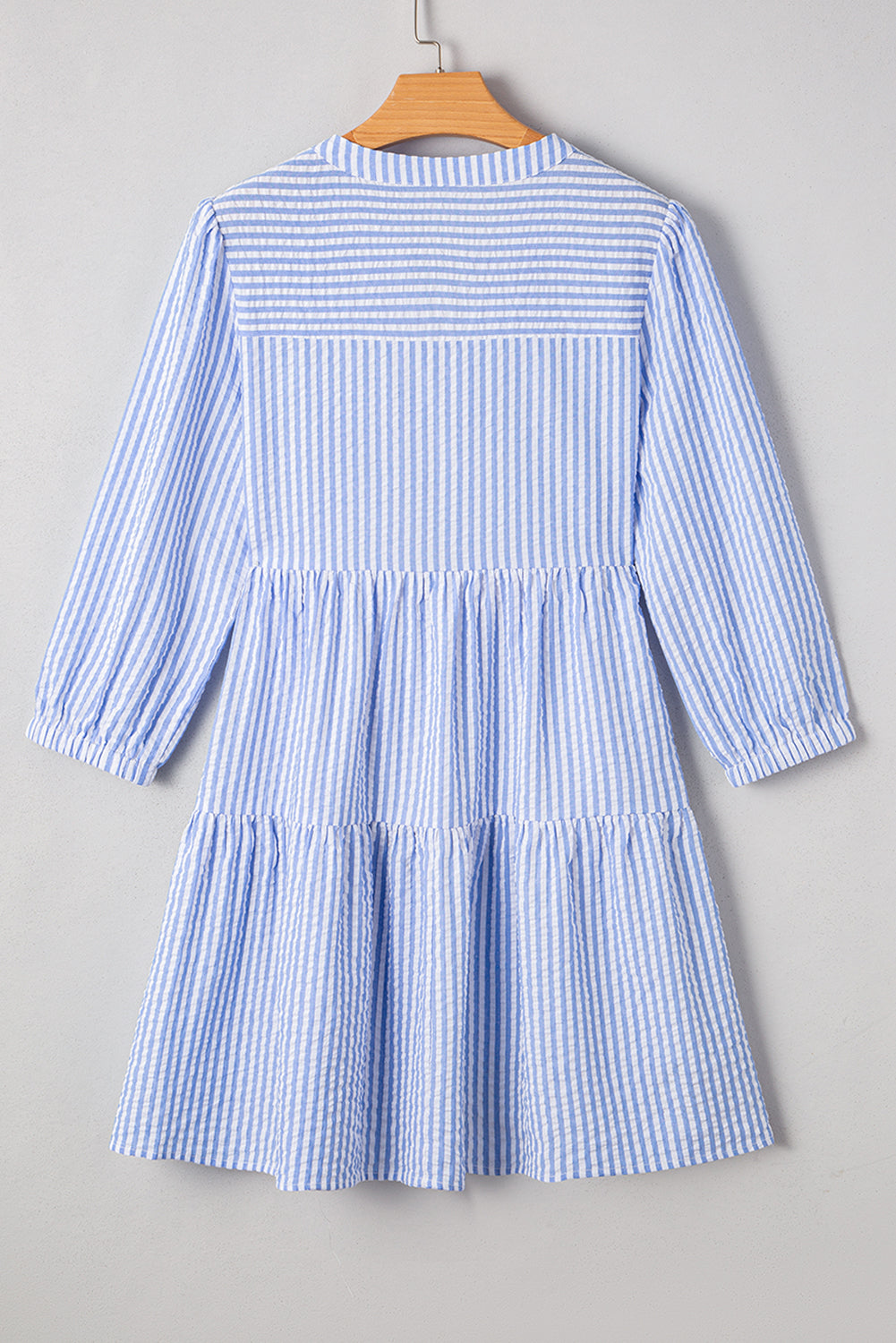Sky Blue Striped Textured Bracelet Sleeve Tiered Mini Dress effcc57bad921cb1