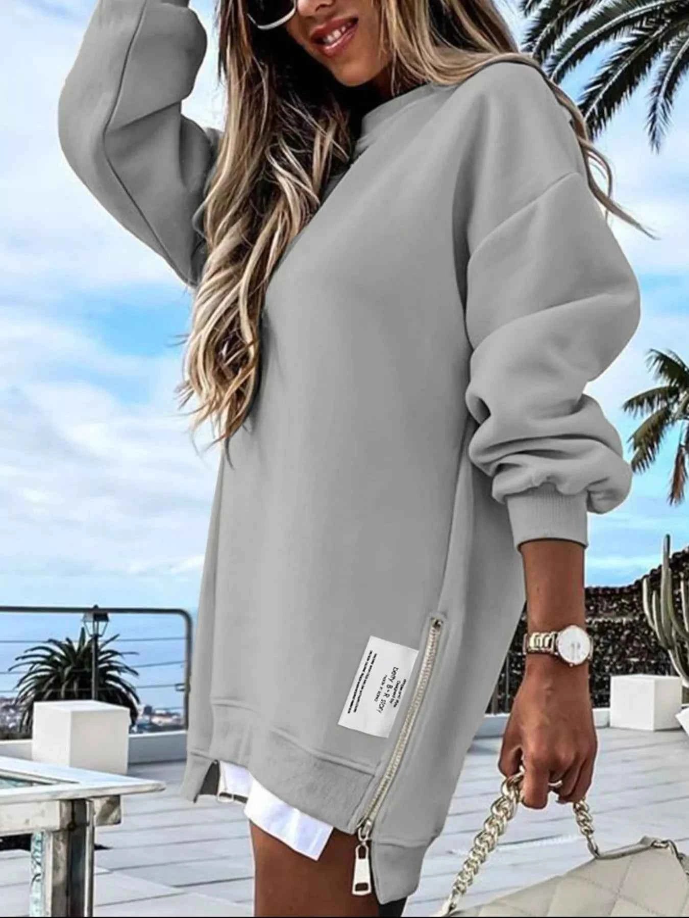 Side Slit Round Neck Long Sleeve Sweatshirt