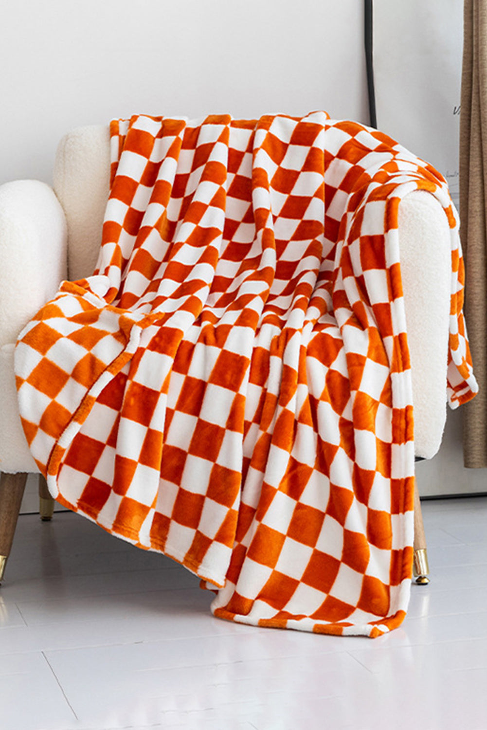 Navy Blue Checkerboard Printed Soft Throw Blanket 120*200cm Orange ONE SIZE 100%Polyester efffa246e9f3a982