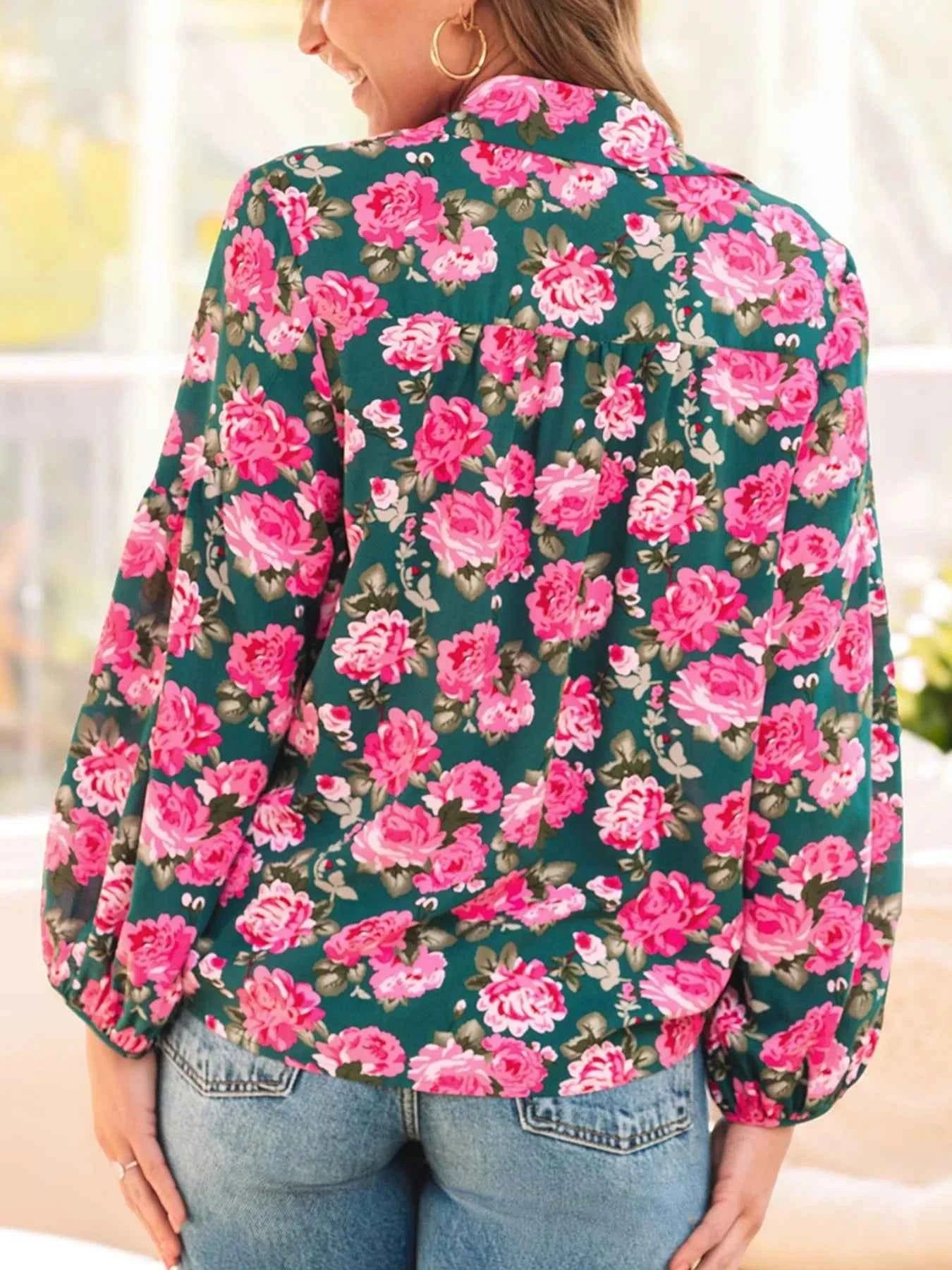 Floral Printed Tied Collar Puff Sleeve Blouse f002475e-e826-414b-9b7b-9caf8b19fd7f-Max-Origin