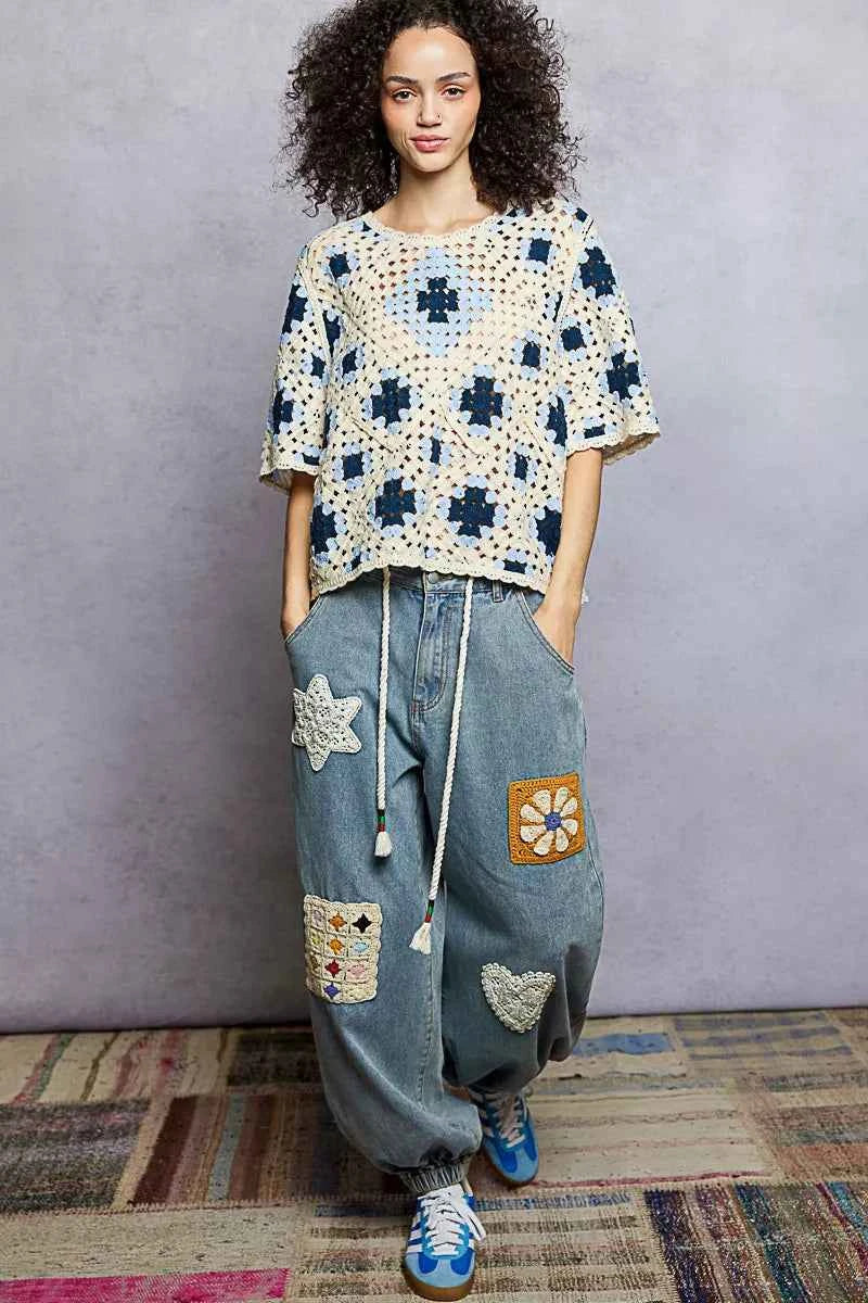 Round Neck Short Sleeve Color Pattern Crochet Top with Border Accents f006c6ea-71d7-40a2-a298-cf350c19df2d-Max-Origin