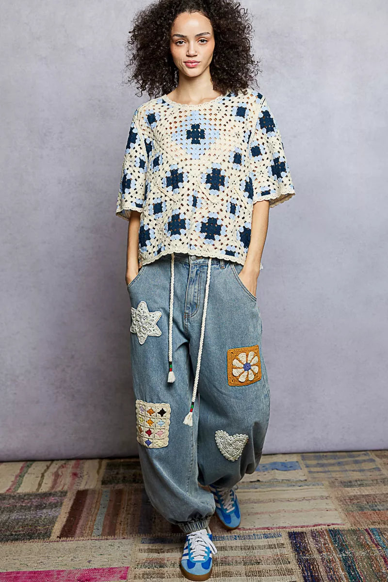 POL Round Neck Short Sleeve Color Pattern Crochet Top with Border Accents f006c6ea-71d7-40a2-a298-cf350c19df2d-Max-Origin