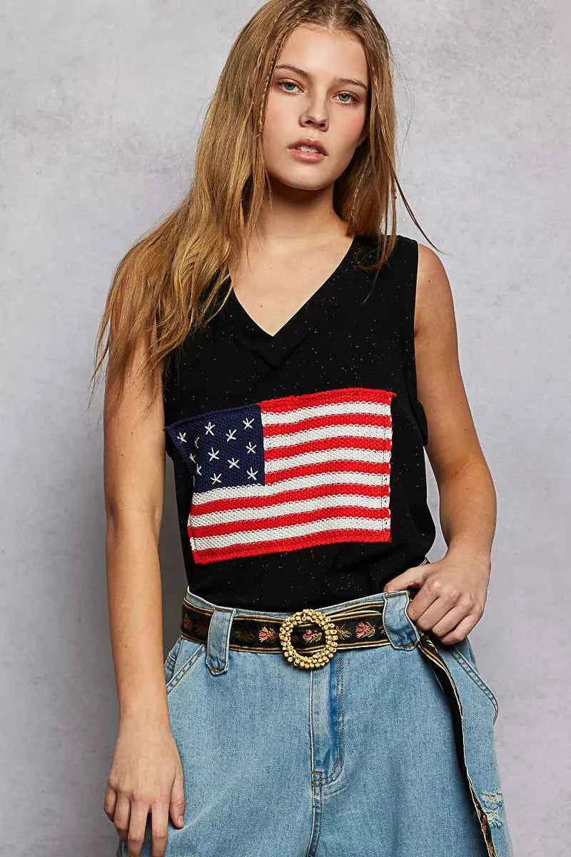POL V-Neck Ribbed Tank with American Flag Patch and Star Back Patch BLACK f006fc01-1489-4b0f-8e15-331f50650010-Max-Origin