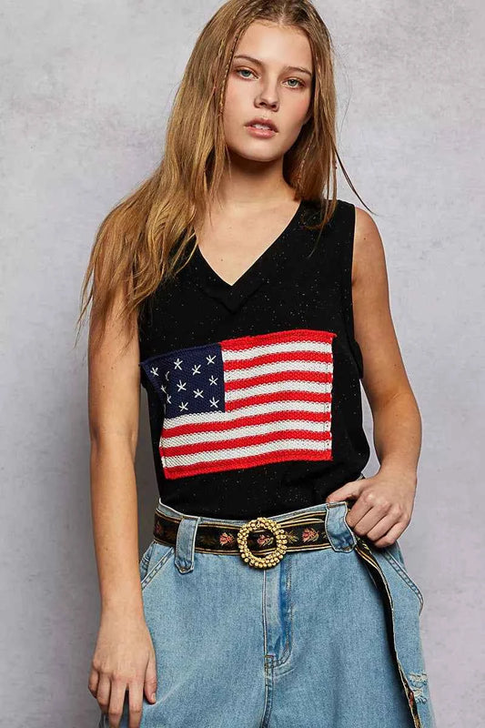 POL V-Neck Ribbed Tank with American Flag Patch and Star Back Patch BLACK f006fc01-1489-4b0f-8e15-331f50650010-Max-Origin