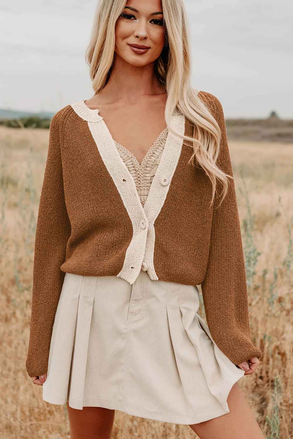 Chestnut Contrast Color V Neckline Knit Cardigan f0070c801d8c79dd