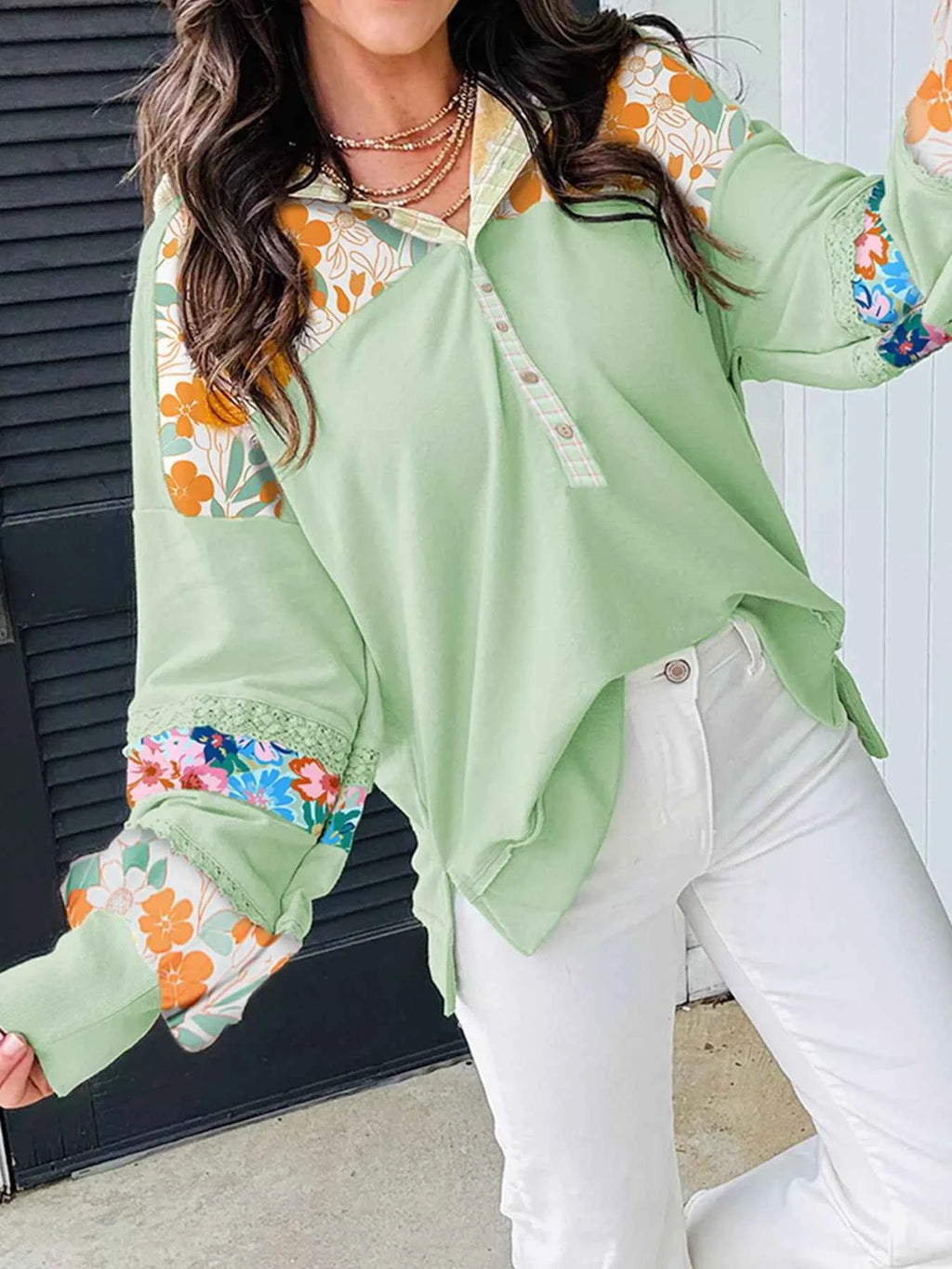 Lace Floral Patchwork Half Button Hooded Top Light Green f00d14e965a64698903b2d01c616b8ef-Max-Origin