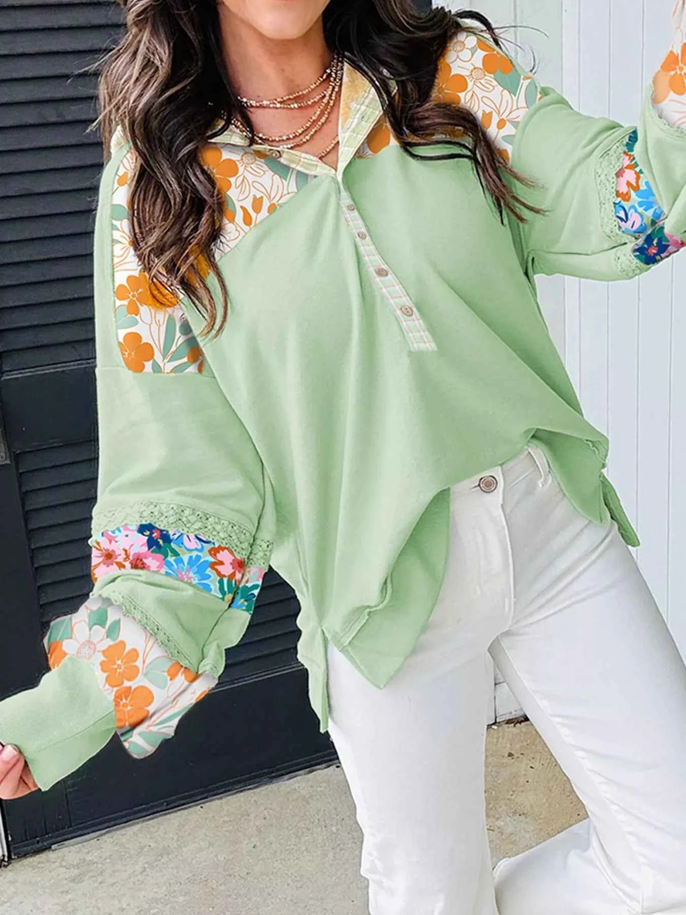 Lace Floral Patchwork Half Button Hooded Top Light Green f00d14e965a64698903b2d01c616b8ef-Max-Origin