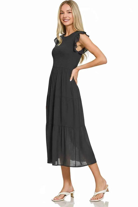 Zenana Woven Smocked Ruffle Sleeve Midi Dress f00d3b46-8094-42ef-adfe-cb3c31733618-Max-Origin