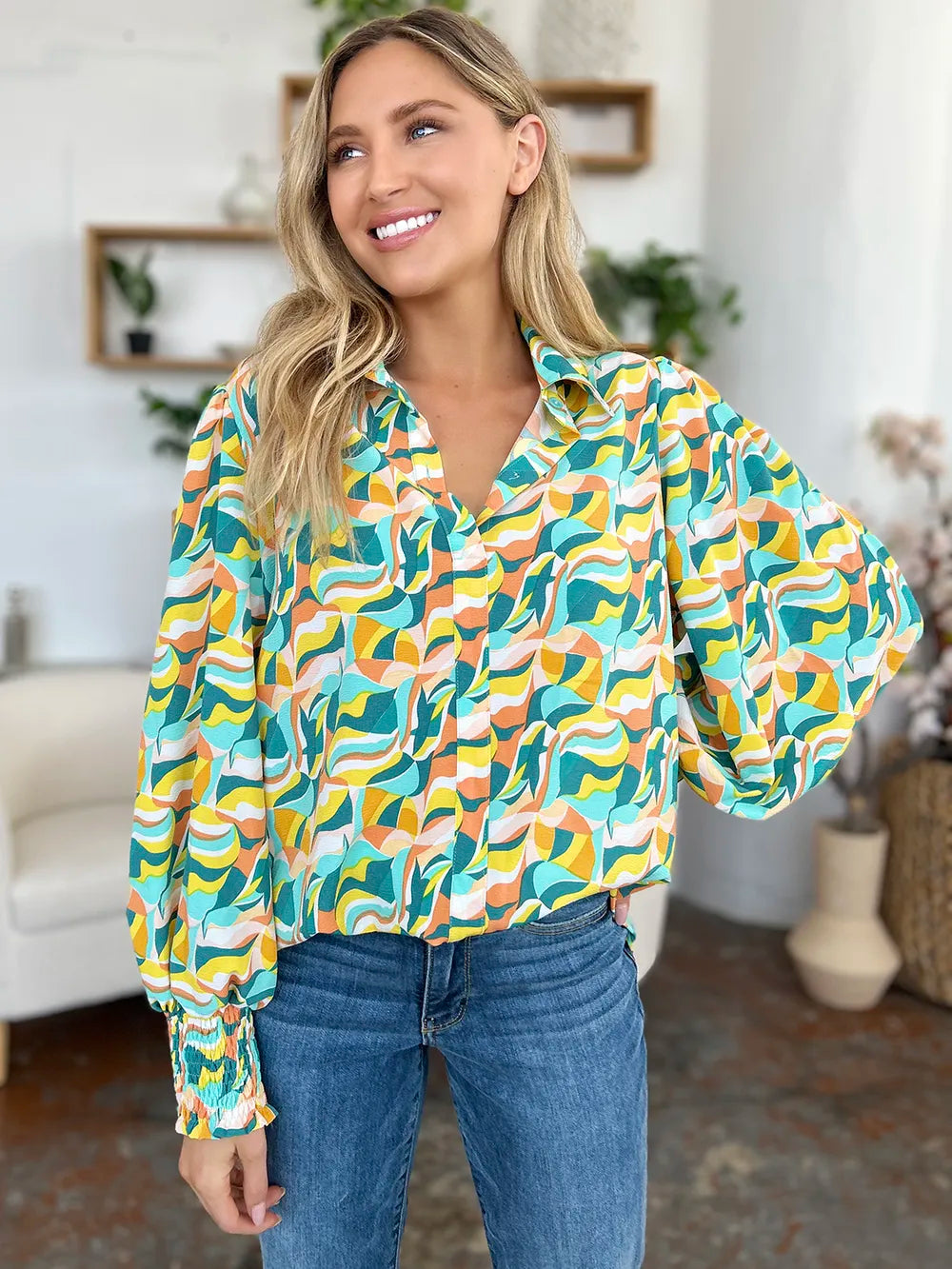 Double Take Full Size Printed Smocked Long Sleeve Blouse f00da0ce-bde6-4170-b624-3cc843efdeb2-Max