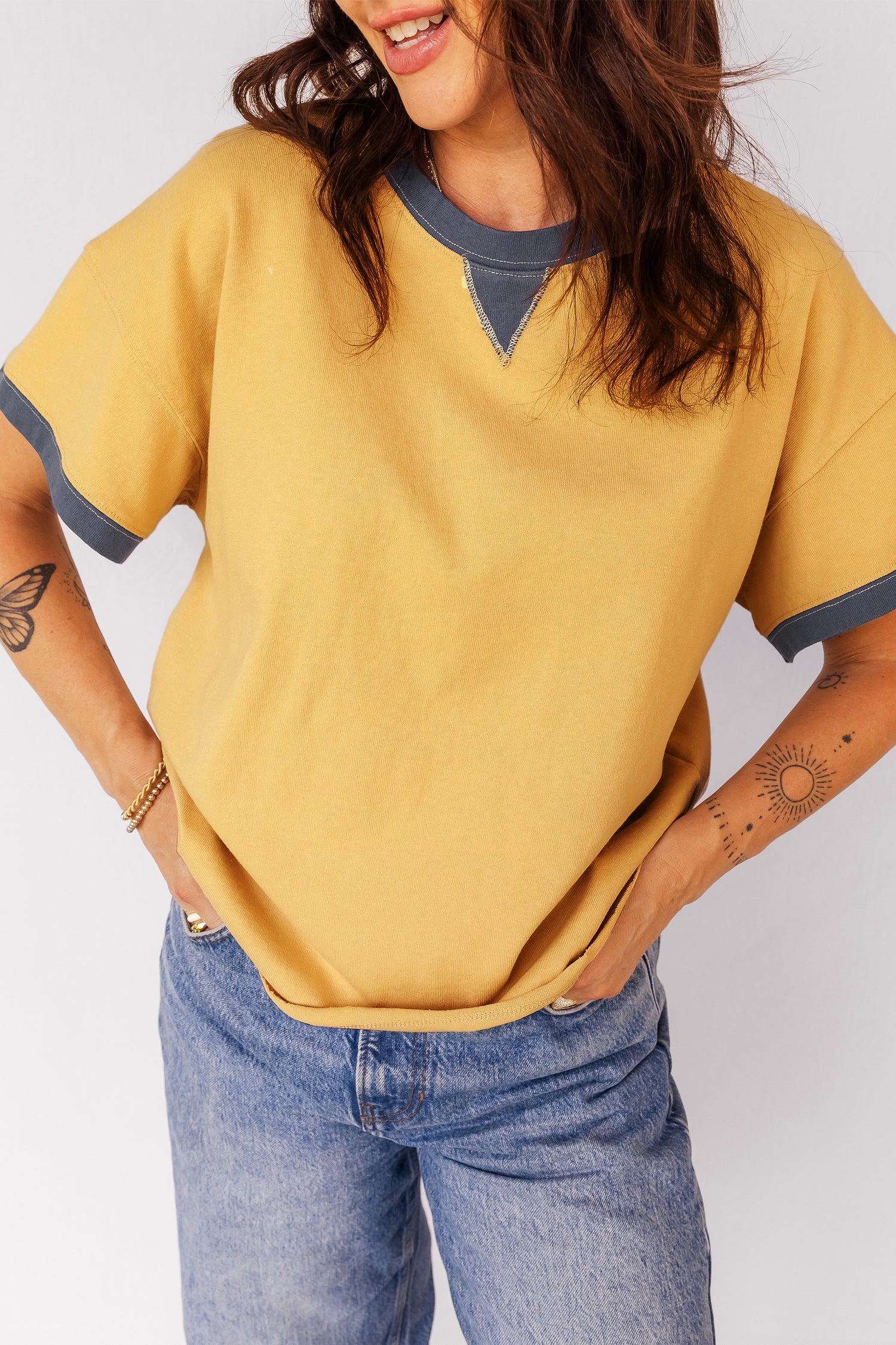 Banana Cream Contrast Trim Raw Hemline Short Sleeve Loose Top f00e5cd5adc1f76a