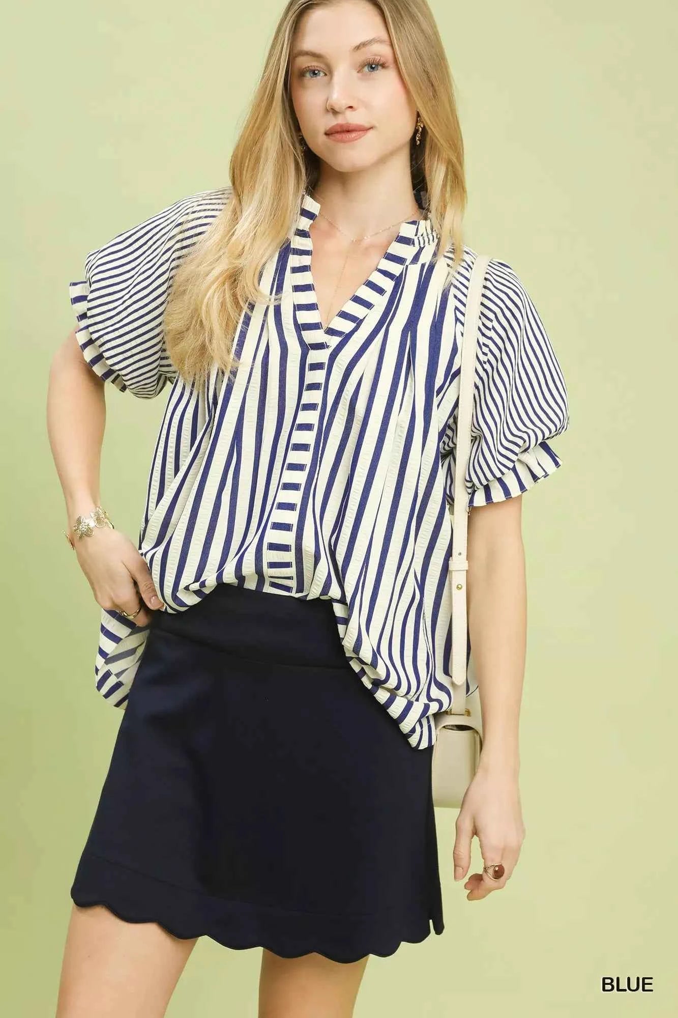Umgee Striped Notched Top with Short Flutter Sleeves BLUE f016ae55-5cae-4615-aed5-7ddfcf013285-Max-Origin