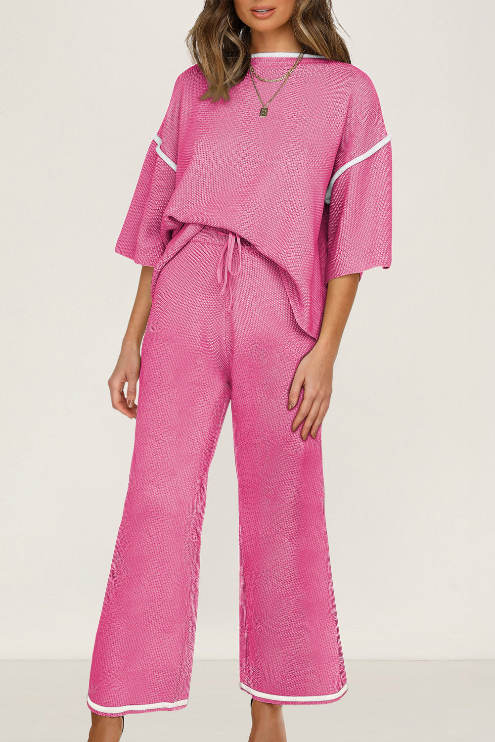 Black Loose Contrast Trim Half Sleeve Top and Drawstring Pants Set Bright Pink 60%Polyester+40%Viscose f016f5a2fa2da03a