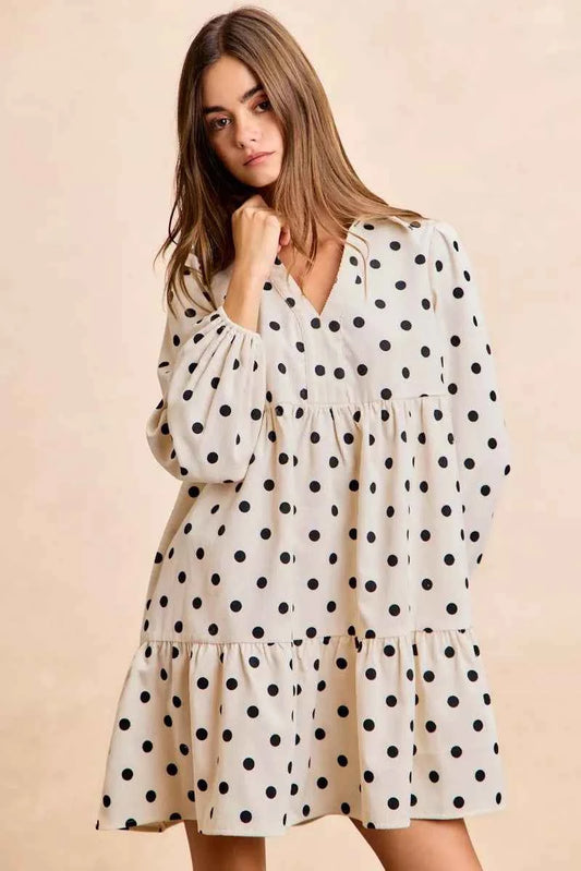Polka Dot Corduroy Collared V Neck Dress f01b1a2d42884baa8f951a82348231be-Max-Origin