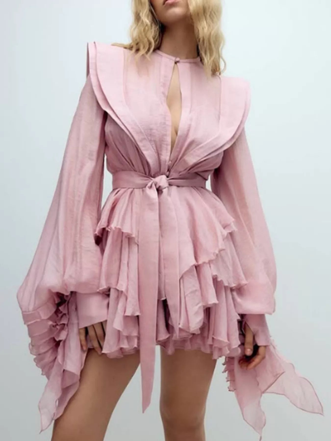 Ruffled Long Sleeve Mini Dress Pink f01b493df8db474eb9fed19b3782019d-Max-Origin