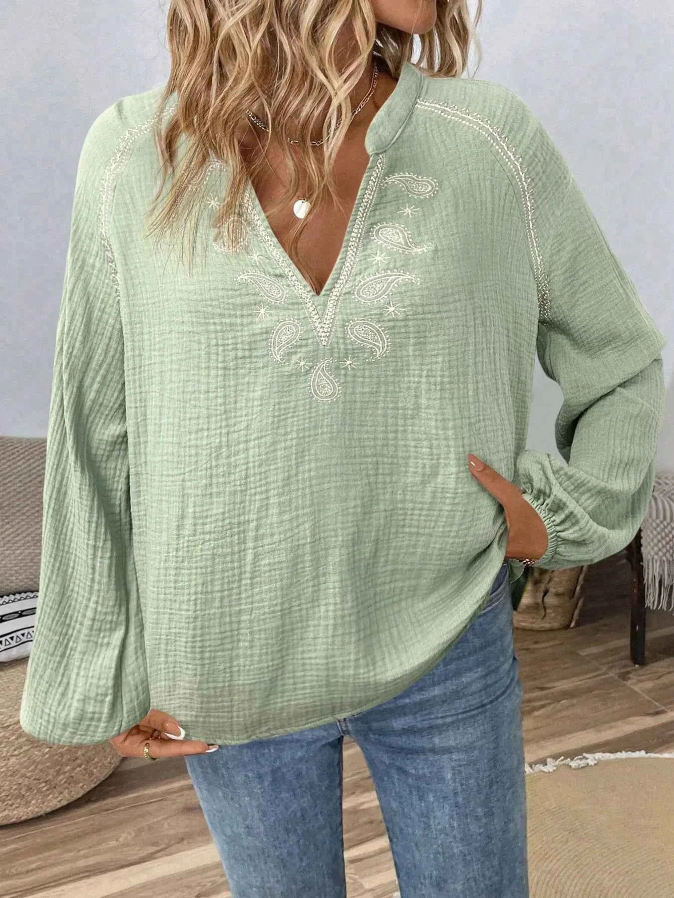 Paisley Pattern Notched Long Sleeve Blouse f01e6d9c02784170969c1c56e4f18f75-Max-Origin