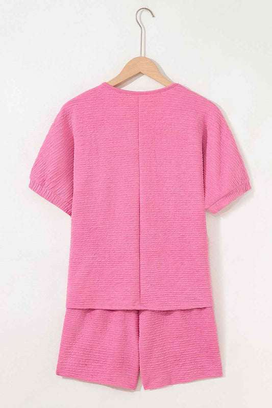Pink Textured V Neck T Shirt and Shorts Set f0220526fd0b2e6a