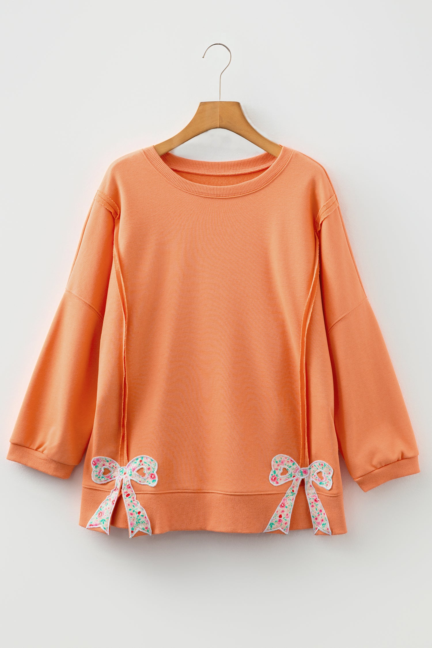 Pink Floral Bow Patched Exposed Seam Patchwork Slit Baggy Sweatshirt f0269d0ca7893c17