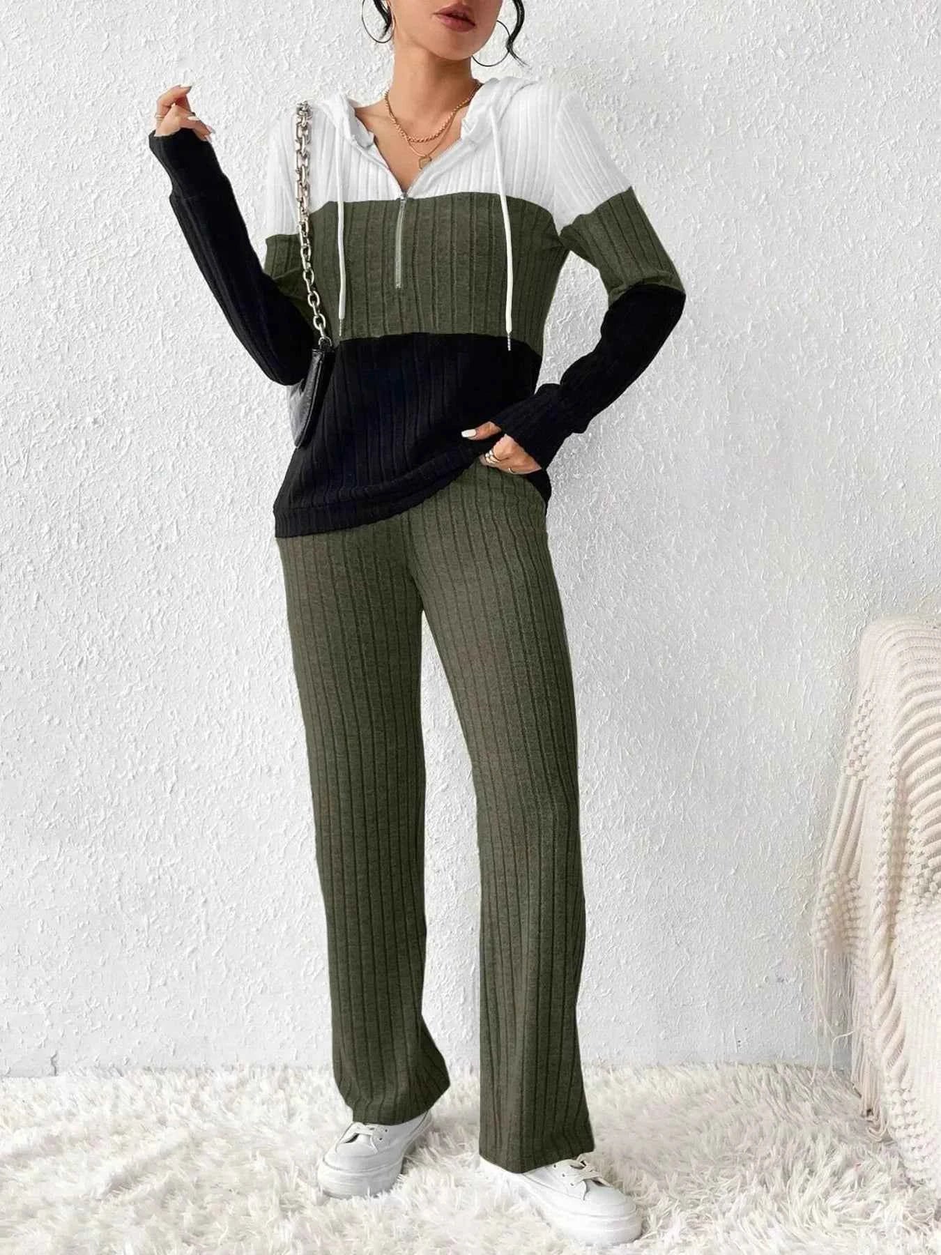 Color Block Half Zip Hooded Top and Pants Set Army Green f0275d6093fe4ec78d66c5449a6c3773-Max-Origin