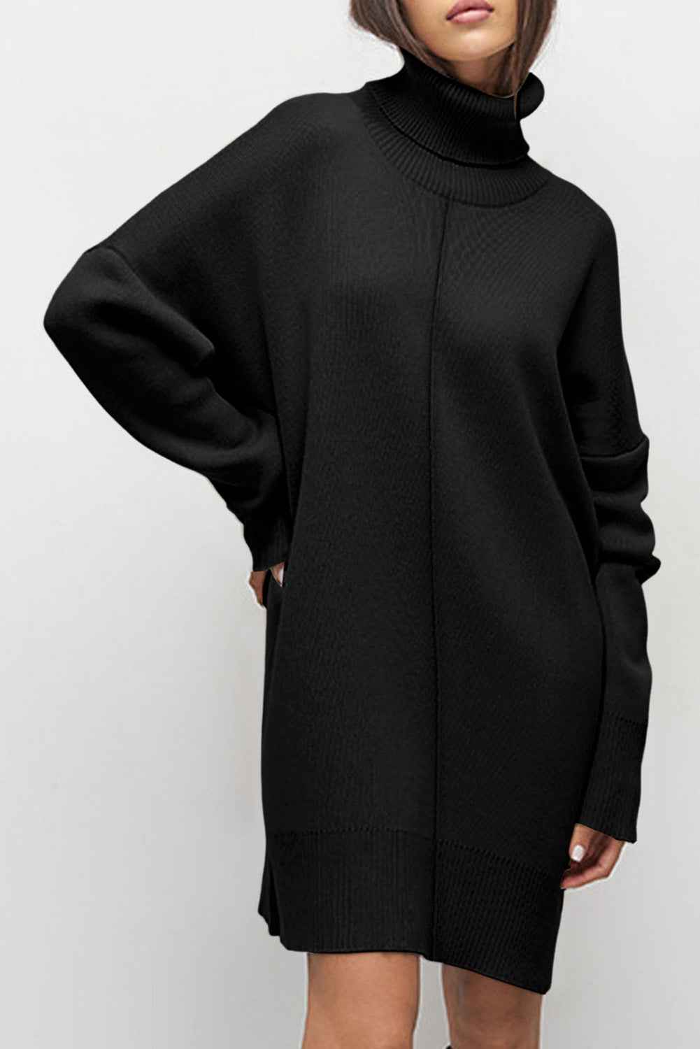 Black Solid Color Turtleneck Drop Shoulder Loose Sweater Dress Black 50%Viscose+28%Polyester+22%Polyamide f0308c09906dc853